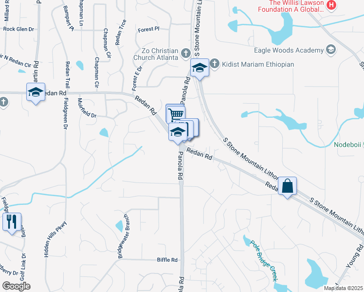 map of restaurants, bars, coffee shops, grocery stores, and more near Panola Rd & Redan Rd in Redan