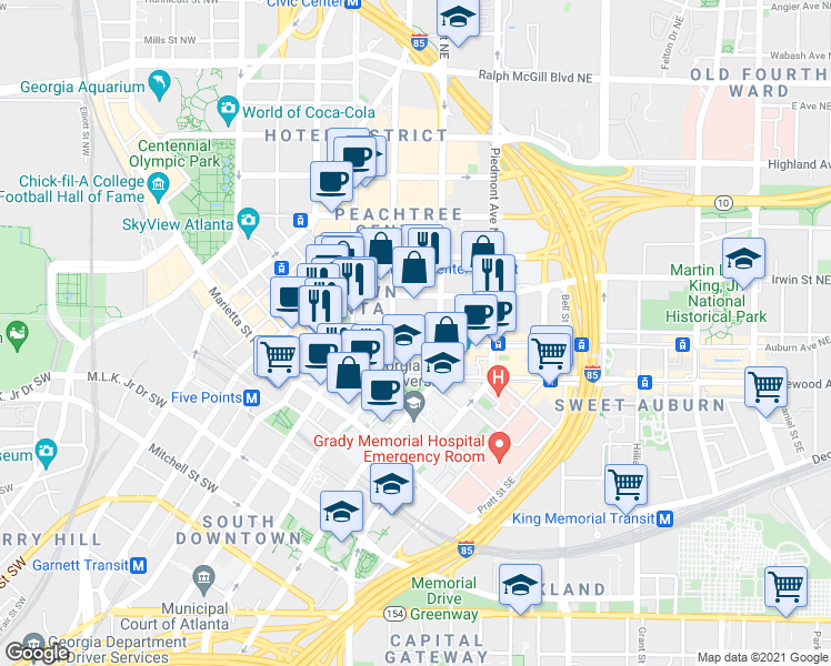 map of restaurants, bars, coffee shops, grocery stores, and more near 51 Ivy St in Atlanta