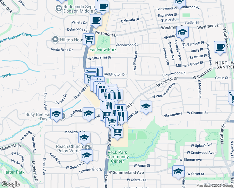 map of restaurants, bars, coffee shops, grocery stores, and more near 1441 Brett Place in Los Angeles