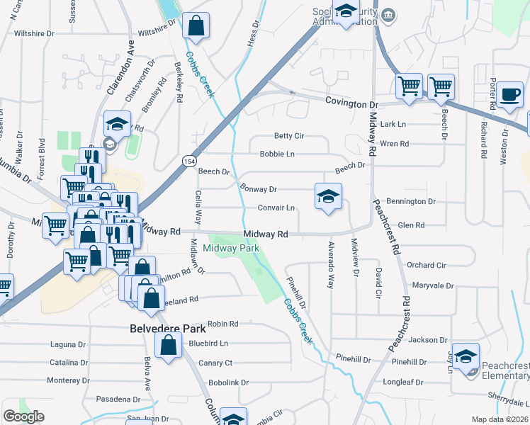 map of restaurants, bars, coffee shops, grocery stores, and more near 3221 Convair Lane in Decatur