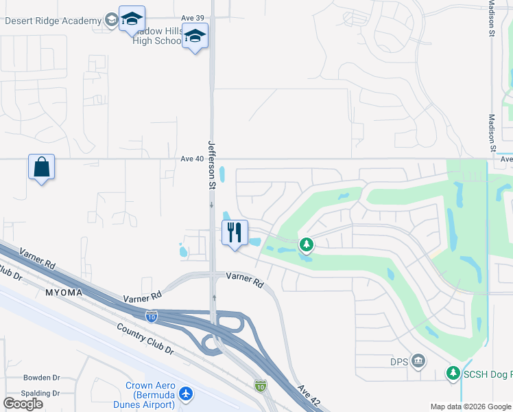 map of restaurants, bars, coffee shops, grocery stores, and more near 40340 Corte Alondra in Indio