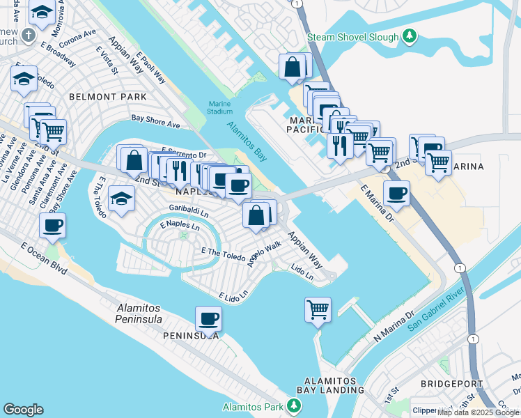 map of restaurants, bars, coffee shops, grocery stores, and more near 5862 Appian Way in Long Beach
