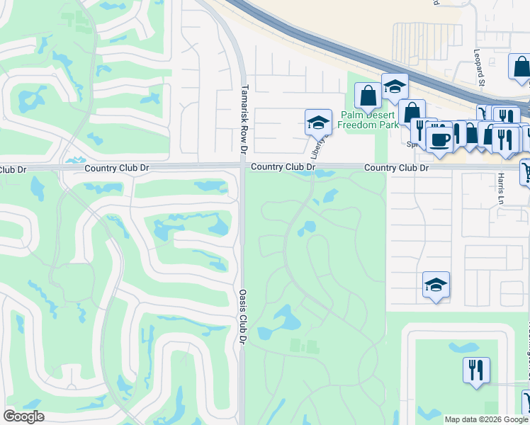map of restaurants, bars, coffee shops, grocery stores, and more near 40215 Baltusrol Circle in Palm Desert