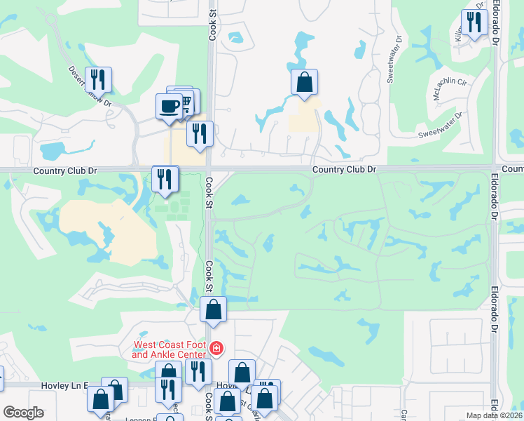 map of restaurants, bars, coffee shops, grocery stores, and more near 112 Old Ranch Road in Palm Desert