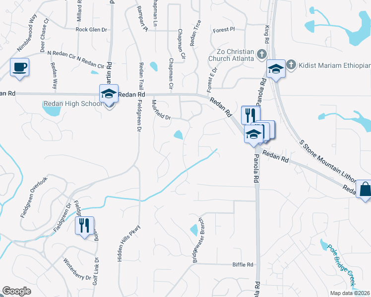 map of restaurants, bars, coffee shops, grocery stores, and more near 5303 Kemper Place in Stone Mountain