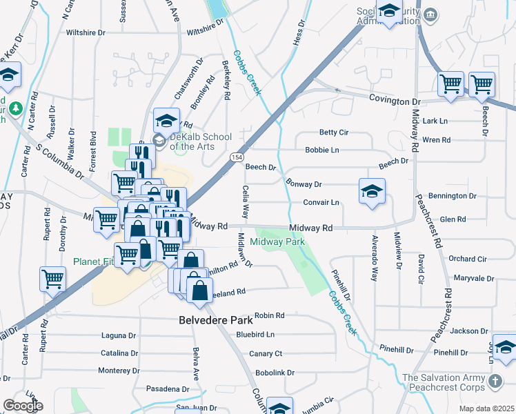 map of restaurants, bars, coffee shops, grocery stores, and more near 3153 Convair Lane in Decatur