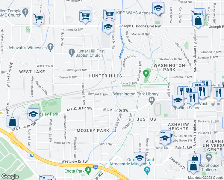 map of restaurants, bars, coffee shops, grocery stores, and more near 35 Rockmart Drive Northwest in Atlanta
