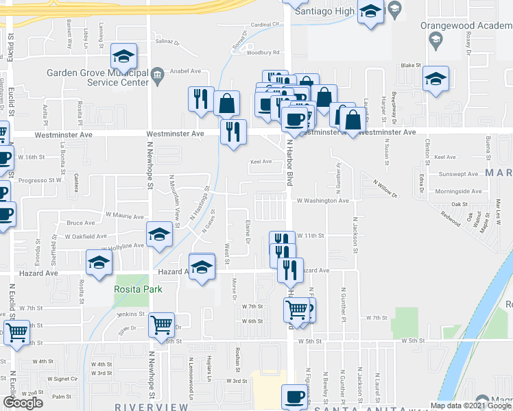 map of restaurants, bars, coffee shops, grocery stores, and more near 202 West Tribella Court in Santa Ana