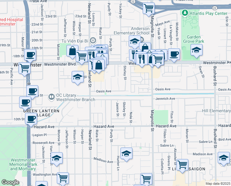 map of restaurants, bars, coffee shops, grocery stores, and more near 8682 Oasis Avenue in Westminster