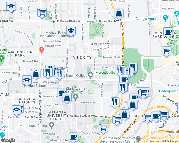 map of restaurants, bars, coffee shops, grocery stores, and more near 643 Martin Luther King Junior Drive Northwest in Atlanta
