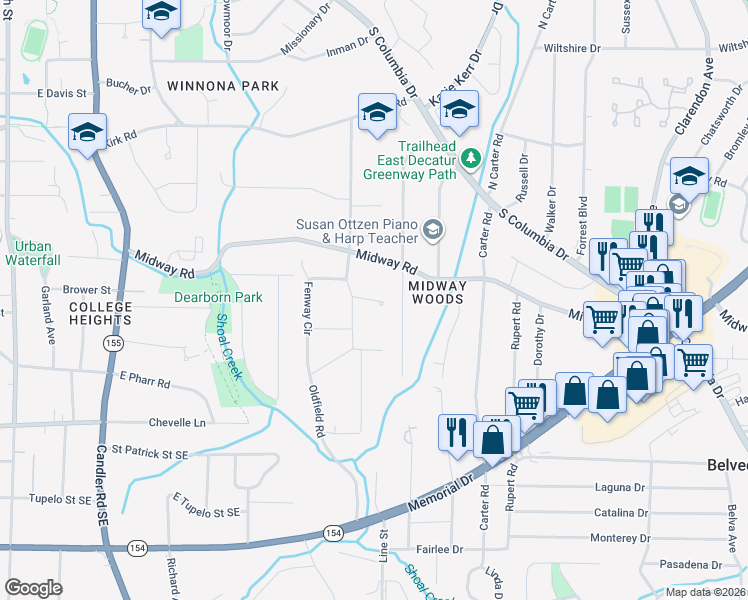 map of restaurants, bars, coffee shops, grocery stores, and more near 1302 Oldfield Rd in Decatur