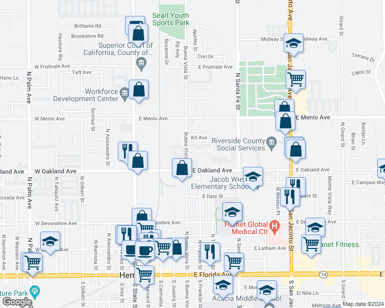 map of restaurants, bars, coffee shops, grocery stores, and more near 527 Greystone Lane in Hemet