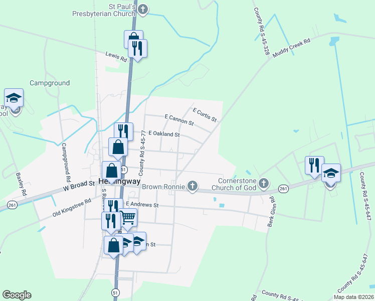 map of restaurants, bars, coffee shops, grocery stores, and more near 404 East Richardson Avenue in Hemingway