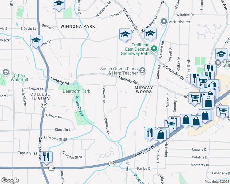 map of restaurants, bars, coffee shops, grocery stores, and more near 1315 Oldfield Road in Decatur