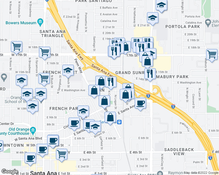 map of restaurants, bars, coffee shops, grocery stores, and more near 1301 North Custer Street in Santa Ana