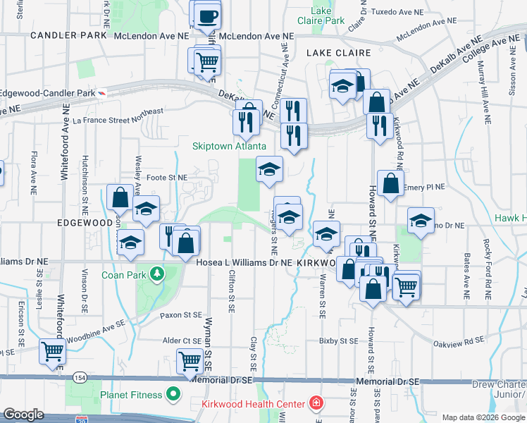 map of restaurants, bars, coffee shops, grocery stores, and more near 1725 Edgehill Manor Street Northeast in Atlanta
