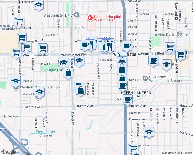 map of restaurants, bars, coffee shops, grocery stores, and more near 14211 Cedarwood Street in Westminster
