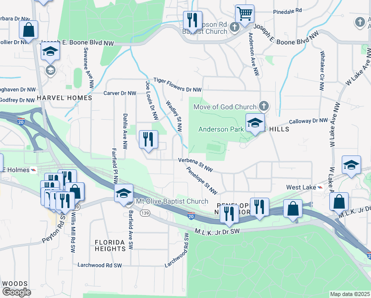 map of restaurants, bars, coffee shops, grocery stores, and more near 2215 Penelope Street Northwest in Atlanta