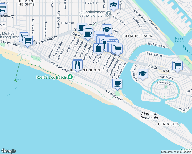 map of restaurants, bars, coffee shops, grocery stores, and more near 44 La Verne Avenue in Long Beach
