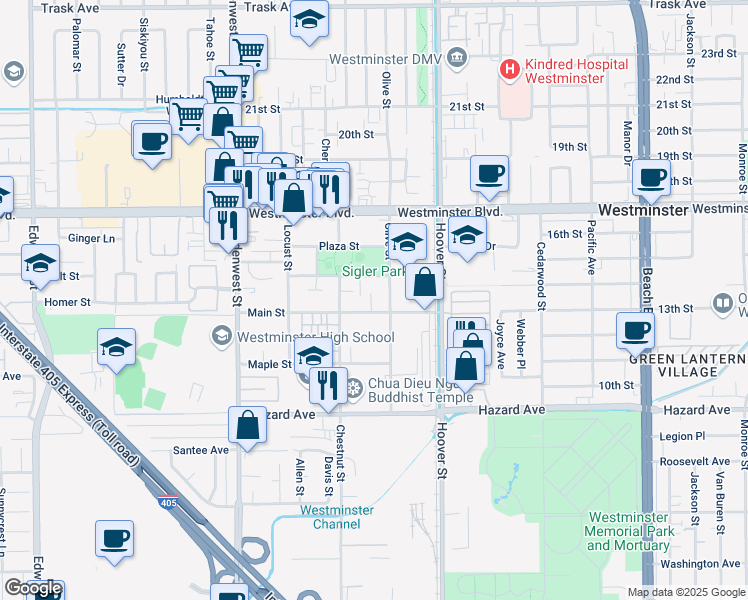 map of restaurants, bars, coffee shops, grocery stores, and more near 7276 Park Street in Westminster