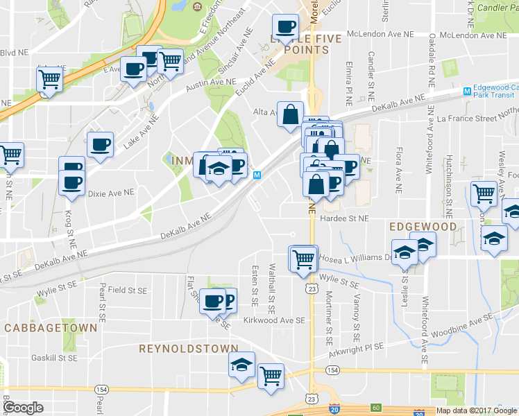 map of restaurants, bars, coffee shops, grocery stores, and more near 1070 Hardee Street Northeast in Atlanta