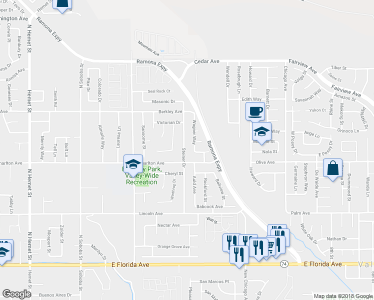 map of restaurants, bars, coffee shops, grocery stores, and more near 25192 Steiner Drive in Hemet