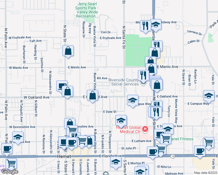 map of restaurants, bars, coffee shops, grocery stores, and more near 671 Greystone Lane in Hemet