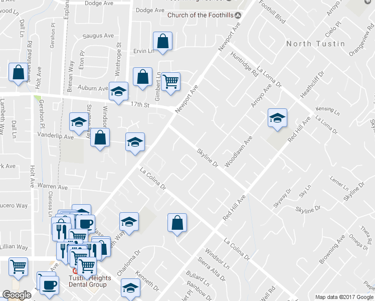 map of restaurants, bars, coffee shops, grocery stores, and more near 1141 Lucinda Way in Tustin