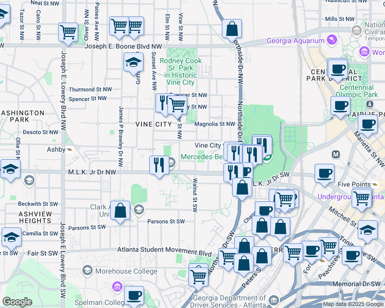 map of restaurants, bars, coffee shops, grocery stores, and more near 587 University Place Northwest in Atlanta
