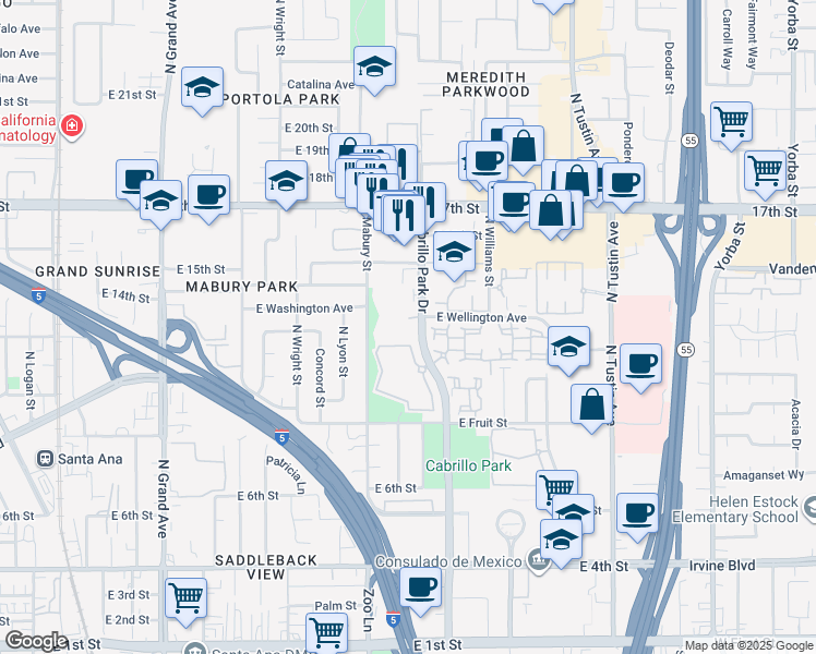 map of restaurants, bars, coffee shops, grocery stores, and more near 1260 Cabrillo Park Drive in Santa Ana