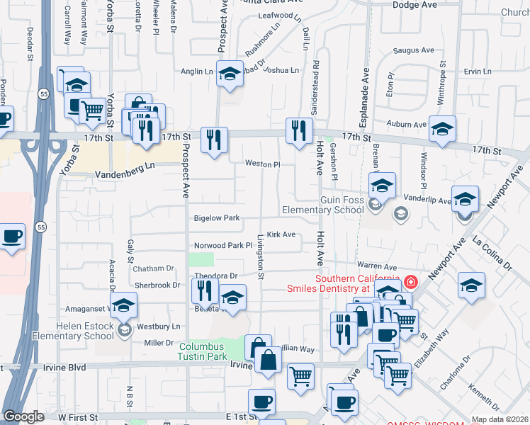 map of restaurants, bars, coffee shops, grocery stores, and more near 18061 Bigelow Park in Tustin