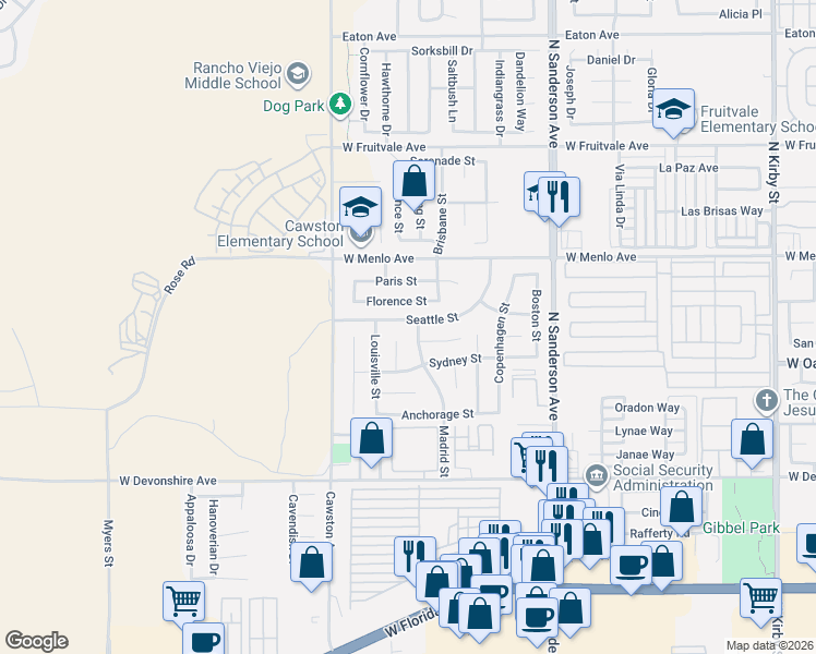 map of restaurants, bars, coffee shops, grocery stores, and more near 3807 Seattle Street in Hemet
