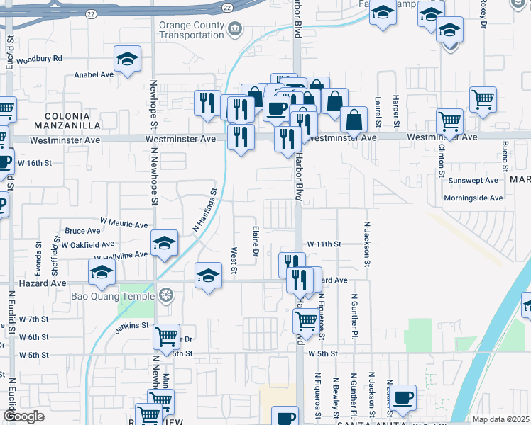 map of restaurants, bars, coffee shops, grocery stores, and more near 202 West Tribella Court in Santa Ana
