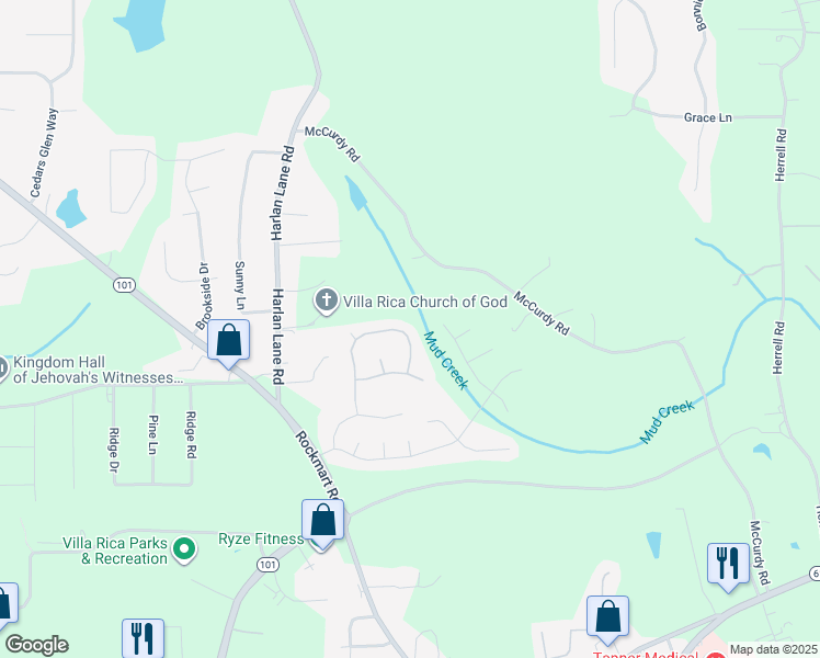 map of restaurants, bars, coffee shops, grocery stores, and more near 1144 Red Bud Circle in Villa Rica