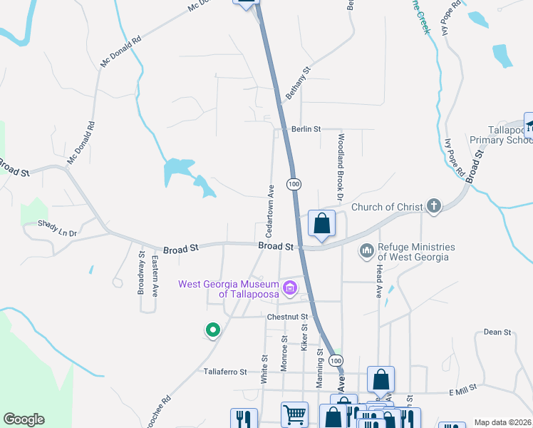map of restaurants, bars, coffee shops, grocery stores, and more near 552 Cedartown Avenue in Tallapoosa