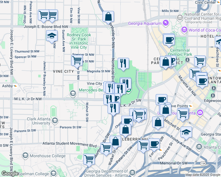 map of restaurants, bars, coffee shops, grocery stores, and more near 600 Moughron Street Northwest in Atlanta