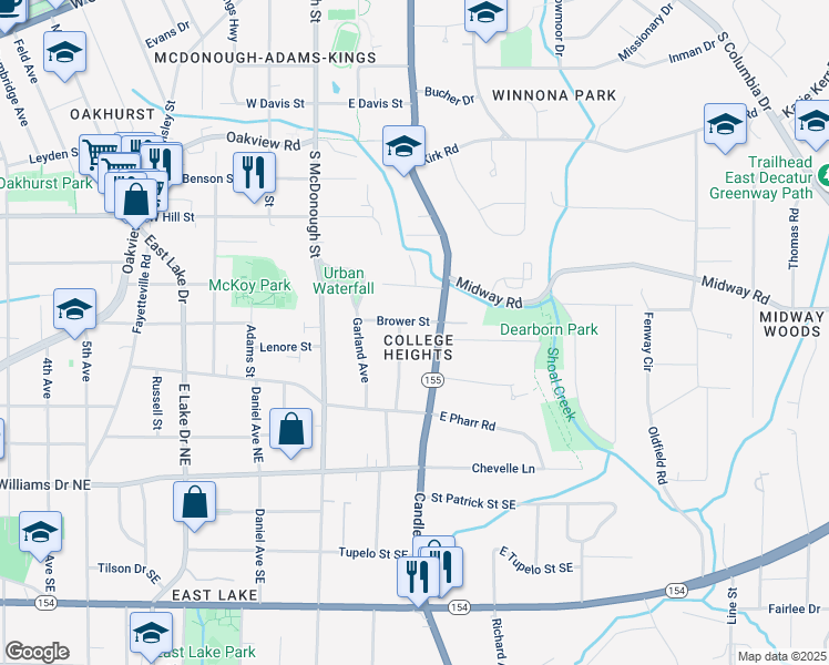 map of restaurants, bars, coffee shops, grocery stores, and more near 215 Brower St in Decatur