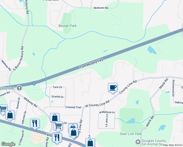 map of restaurants, bars, coffee shops, grocery stores, and more near 1789 Blanche Drive in Douglasville