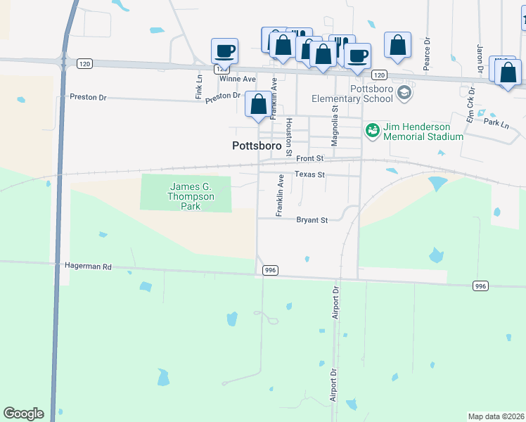 map of restaurants, bars, coffee shops, grocery stores, and more near 621 Grayson Street in Pottsboro