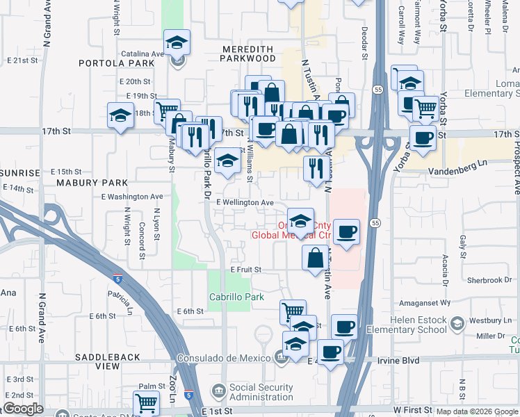 map of restaurants, bars, coffee shops, grocery stores, and more near 2002 Pope Court in Santa Ana