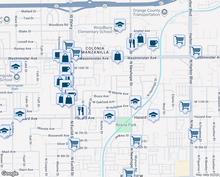 map of restaurants, bars, coffee shops, grocery stores, and more near 1301 North Parsons Place in Santa Ana