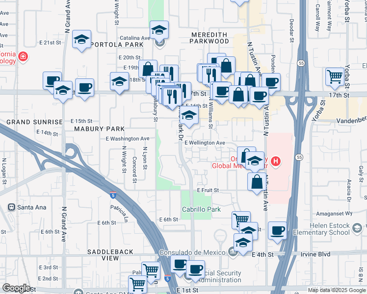 map of restaurants, bars, coffee shops, grocery stores, and more near 1259 Cabrillo Park Drive in Santa Ana