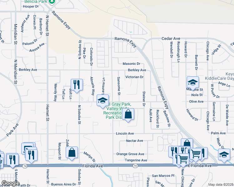 map of restaurants, bars, coffee shops, grocery stores, and more near 25175 Sansome Street in Hemet