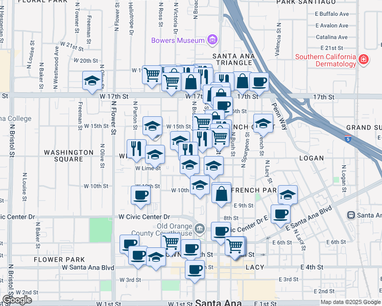 map of restaurants, bars, coffee shops, grocery stores, and more near 1302 North Broadway in Santa Ana