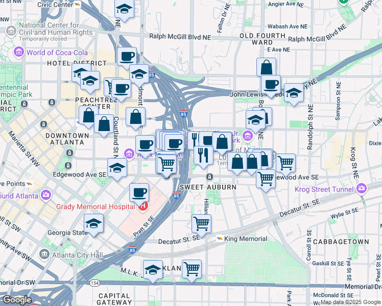map of restaurants, bars, coffee shops, grocery stores, and more near Fort Street Northeast in Atlanta