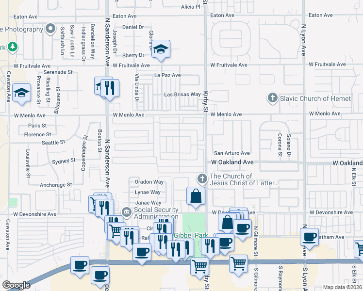 map of restaurants, bars, coffee shops, grocery stores, and more near 601 North Kirby Street in Hemet