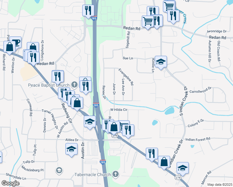 map of restaurants, bars, coffee shops, grocery stores, and more near 1288 June Drive in Decatur