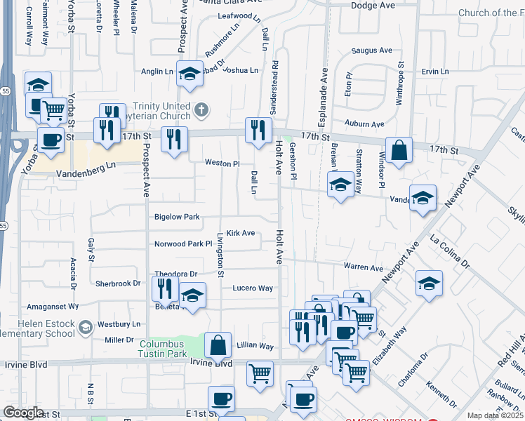 map of restaurants, bars, coffee shops, grocery stores, and more near in Tustin