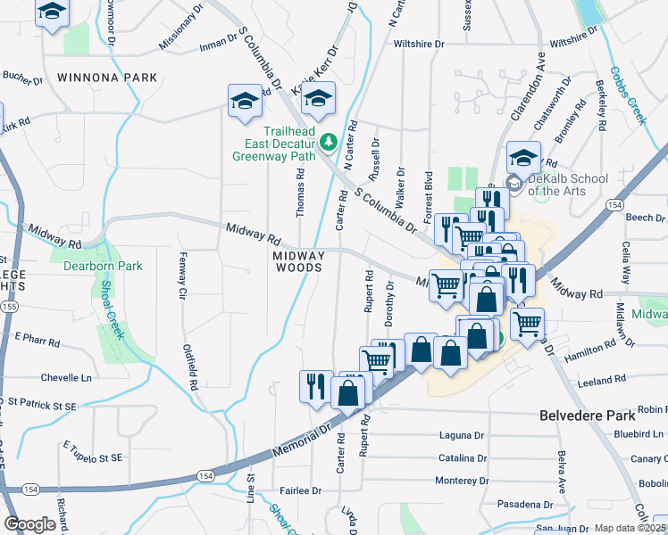 map of restaurants, bars, coffee shops, grocery stores, and more near 1307 Carter Road in Decatur