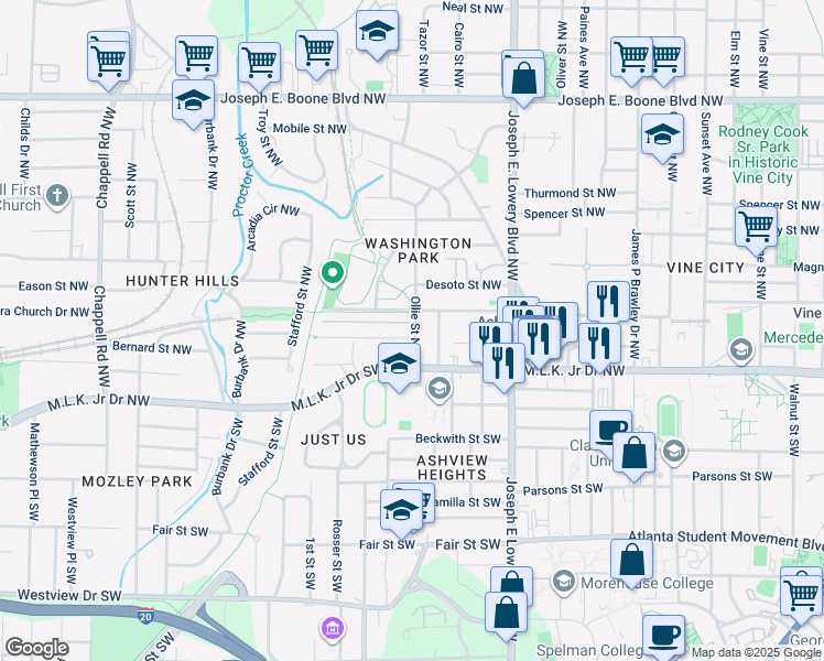 map of restaurants, bars, coffee shops, grocery stores, and more near 1027 Harwell Street Northwest in Atlanta